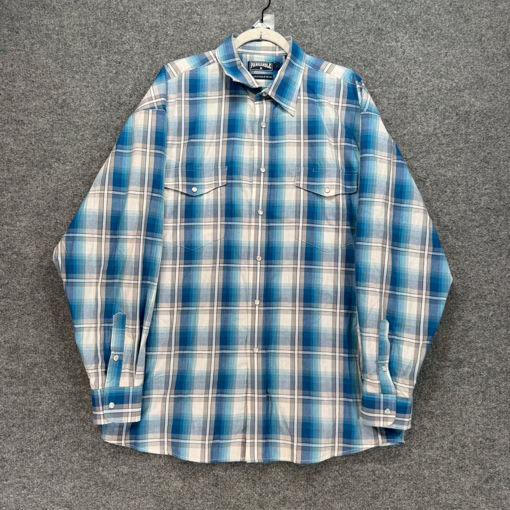 Panhandle Slim Pearl Snap Shirt Mens Large Blue Plaid Western Long Sleeve Cotton